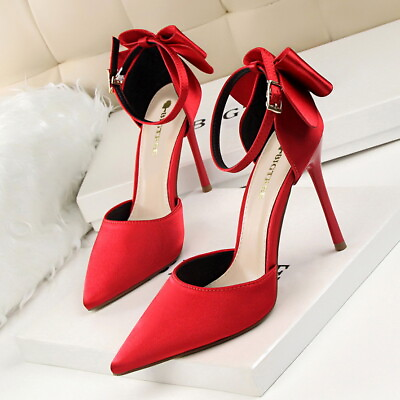 #ad Womens High Heels Pointed Dress Shoes Sweet Evening Bow Ankle Strap Sandals New $35.98