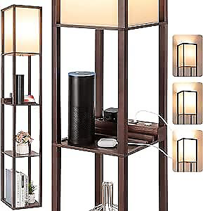 #ad Touch Control Shelf LED Floor Lamp with Shelves Fast Charging USB Brown $66.95