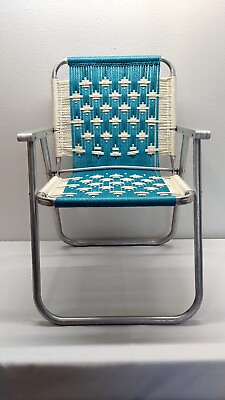 #ad Vintage Nice Macrame Woven Seat Aluminum Folding Lawn Chair Geometric Pattern $88.00