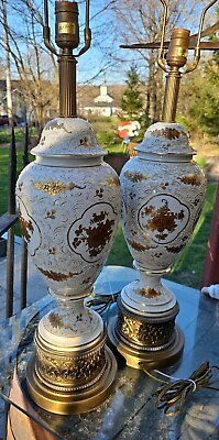 #ad #ad Paul Hanson MCM 42quot; Porcelain Brass Applied Scroll Acanthus Urn Table Lamp PAIR $350.00
