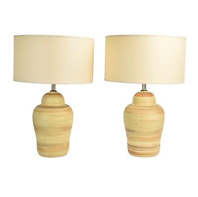 #ad Pair of Mid Century Modern Striped Pottery Table Lamps $695.00