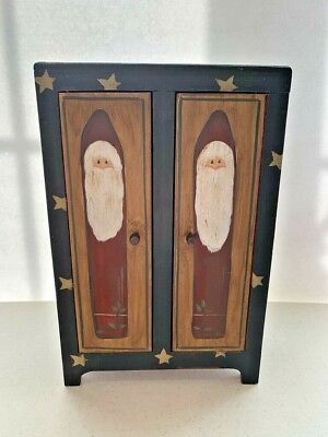 #ad Small Tabletop Christmas Santa Wooden Green Cupboard $24.99