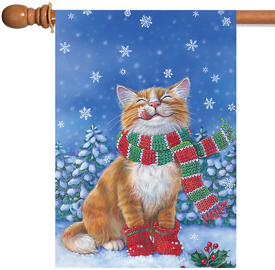 #ad Toland Kitten Mittens 28x40 Cute Winter Cat Scarf Snow House Flag $15.98
