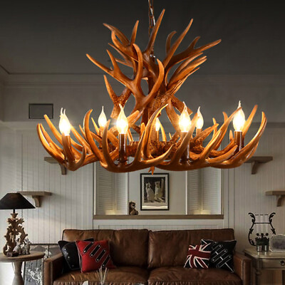 #ad Antique Antler Lodge Style Candle Chandelier Ceiling Light Retro Pendant Lamp $298.00