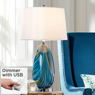 #ad #ad Modern Table Lamp with USB Charging Port Blue Art Glass White Shade Living Room $169.98