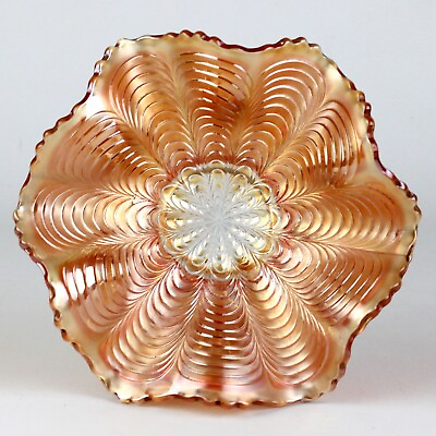 #ad Fenton Peacock Tail Marigold Carnival Ruffled Bowl Antique Glass c.1911 7 1 4quot; $20.00