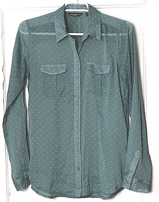 #ad EDDIE BAUER BLOUSE ladies size S moss green w white dots semi sheer long sleeve $13.99