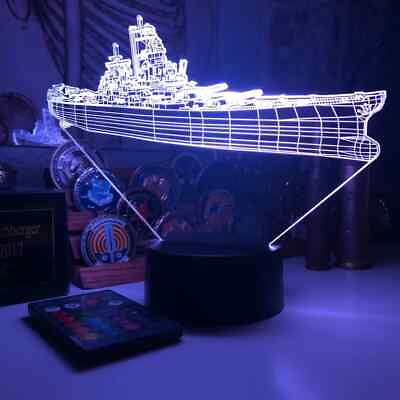 #ad LED Night Light Desk Lamp 3D Kids Home Decor Art Hologram Battleship USS Iowa $39.59