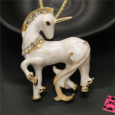 #ad New Fashion Women Lovely White Enamel Unicorn Crystal Pendant Chain Necklace $3.95
