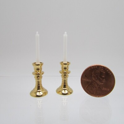 #ad Dollhouse Miniature Gold Metal Candle Sticks with White Candles RA0118 IM65580 $4.94