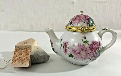 #ad LOT #24: HAND PAINTED PINK FLORAL TRINKET BOX TEAPOT W TEABAG HOW CUTE $12.75