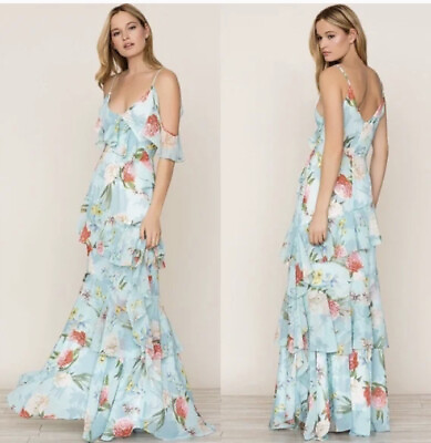 #ad Blue Floral print Gown Prom dress Wedding dress Small $49.00