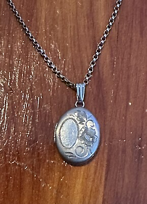 #ad Vintage 925 Sterling Silver Necklace amp; Small Oval Locket W Floral Engraving $22.00