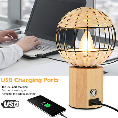 #ad Retro Desk Lamp Rubber Wood Bamboo Woven Bedside Lamp Table Lamp USB Charging $40.99