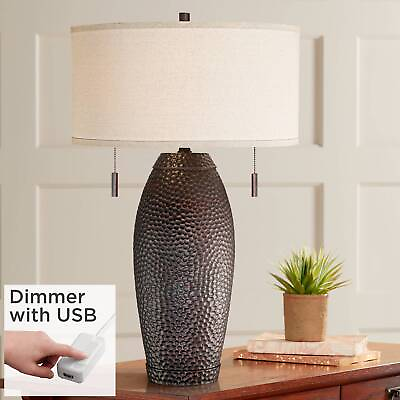 #ad Rustic Farmhouse Table Lamp with USB Charging Port Bronze Drum Shade Living Room $199.98