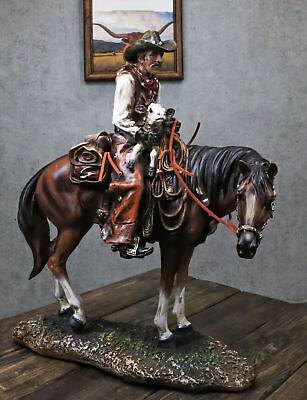 #ad Western Desert Cowboy On Saddleback Riding Brown Stallion Horse Figurine $69.99