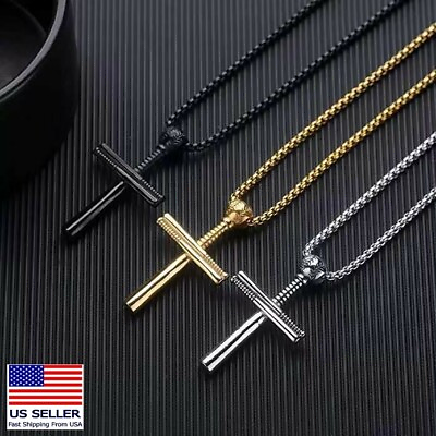 #ad Men Stainless Steel Chain Necklace Cross Baseball Bat Style Pendant 1158 $6.99