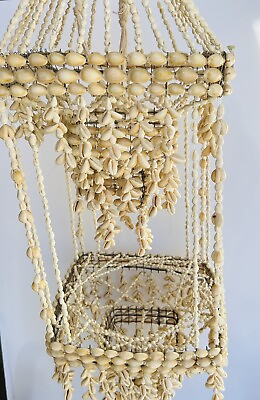 #ad Vintage Puka Sea Shell Hanging Basket Plant Holder Hanger Tiered Boho 31quot; tall $48.99