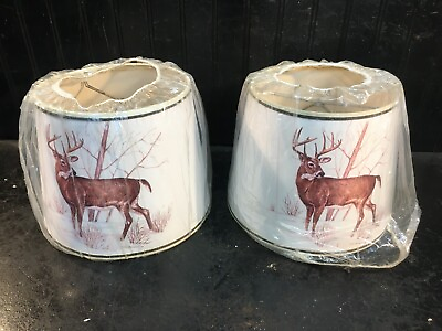#ad Vintage Pair Mid Century Clip On Lamp Shade Deer in Woods 7in Lamp Shades $44.99