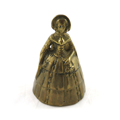 #ad Vintage Brass Lady Figurine Hand Bell Victorian Dress Bonnet Hoop Skirt 3.75quot; $40.00