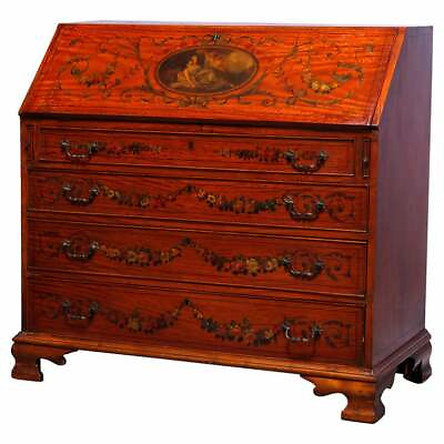 #ad Antique English Adams Decorated Satinwood Drop Front Desk 18th 19th C $2920.00