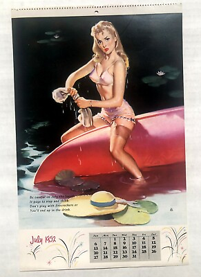 #ad July 1952 Pinup Girl Calendar Page Humorous Blond Falls Out of Boat and is Wet $46.00