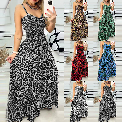 #ad #ad Sexy Women Leopard Long Maxi Dress Summer Beach Strappy Swing Sundress Plus Size $33.99