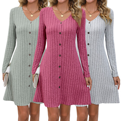 #ad Women Mini Dresses Slim Dress Sleeve V Jumper Sweater Neck Button Stylish Long ↷ $16.07