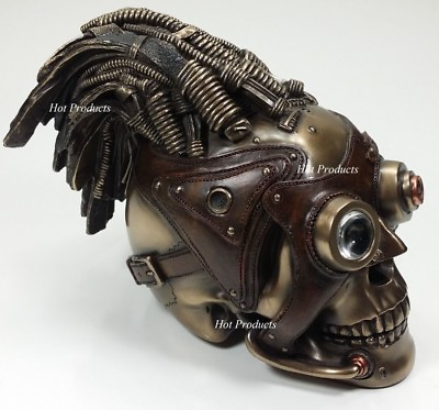 #ad 8quot; STEAMPUNK INDUSTRIAL AGE Human Skull Statue Wire amp; Leather Finish Hair Decor $56.25