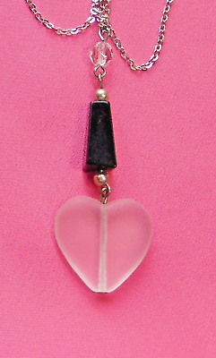 #ad Vintage Frosted Camphor Glass Heart Black Glass Modernist Pendant Necklace L18quot; $14.99