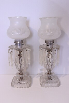 #ad Pair 1940#x27;s Vintage Glass Vanity Boudoir Lamps Hanging Prism Grape Frosted Globe $69.95