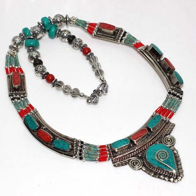#ad 107gms Tibetan Turquoise Red Coral Nepali Tribal Necklace 18quot; GW $14.99