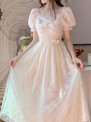 #ad Elegant Princess Dress Women Vintage Lace up Party Long Fairy Wedding Midi Dress $47.26