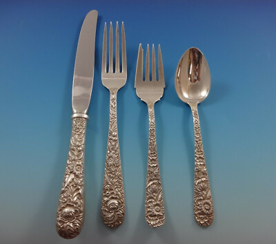 #ad Repousse by Kirk Sterling Silver Flatware Set For 8 Service 32 Pieces $1657.50