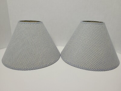#ad Vtg Pair Small Country Farmhouse New England Blue Gingham Check Lamp Shades 11x6 $38.50