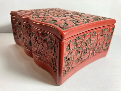 #ad Antique Lacque Cigarette Japanese Box Carve Wood Plum Blossom Pattern H.5 cm. #2 $40.00
