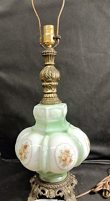 #ad Table Parlor Lamp Bubble Glass Green Brass 3 Way Light Rose Floral Vintage $139.00