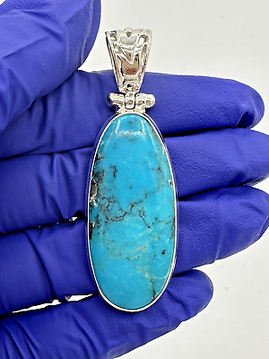 #ad Unique Solid Sterling Silver 925 Long Oval Blue Turquoise Pendant 2.4” $99.99