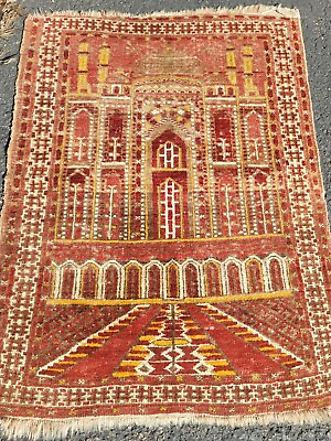 #ad Antique Oriental Rug Turkish Mat Afghani Kizil Ayak Mosque Prayer Beautiful $182.00