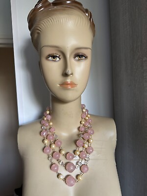 #ad #ad Elegant French Vintage Creator Necklace Huge Pink Plastic beads Glass pearl $59.00