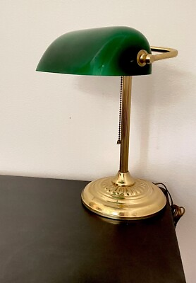 #ad #ad Vintage Banker#x27;s Desk Piano Lamp Green Glass Shade Pull Chain Brass Base $38.00