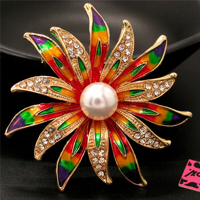 #ad New Colorful Enamel Sunflower Pearl Crystal Fashion Women Charm Brooch Pin $3.86