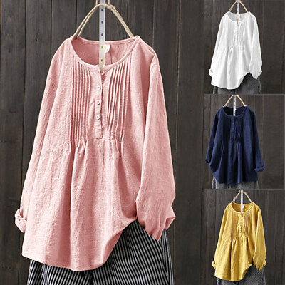 #ad Cotton Linen Womens Tunic T Shirt Plus Size Ladies Casual Buttons V Neck Blouse $18.67