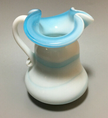 #ad Vintage Small Glass Pitcher Swirl White amp; Blue Glass Applied Handle Very Cute $20.00