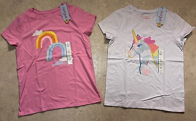 #ad #ad Lot 2 NWT ✅ Girls T Shirts Cat amp; Jack Pink amp; White Rainbows Unicorns ✅ L 10 12 $6.29