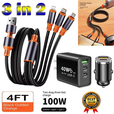#ad 3 in 2 6A 100W Fast Charging Cable Cell Phone Charger Cord Type C Micro USB SYNC $9.59