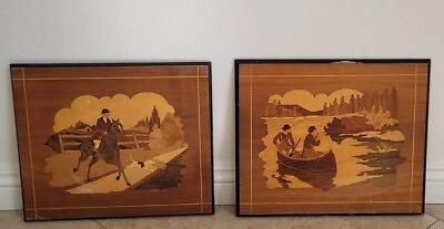#ad Vintage Marquetry Wood Hunting amp; Fishing Scene $60.00