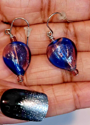 #ad Blue Glass Heart Dangle Earrings Pink Drop Jewelry $10.00