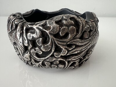 #ad Vintage TIBETAN Repousse Silver Black Statement Resin Bangle Bracelet $165.00
