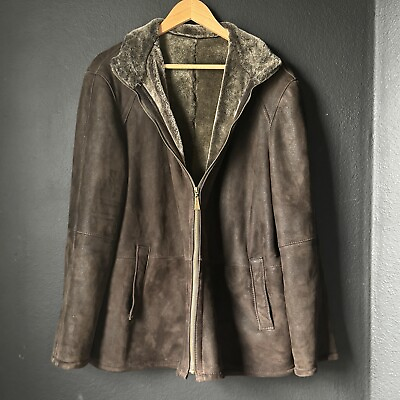 #ad Vintage Leather Sheepskin Fur Lining Full Zip Jacket XL Men $69.00